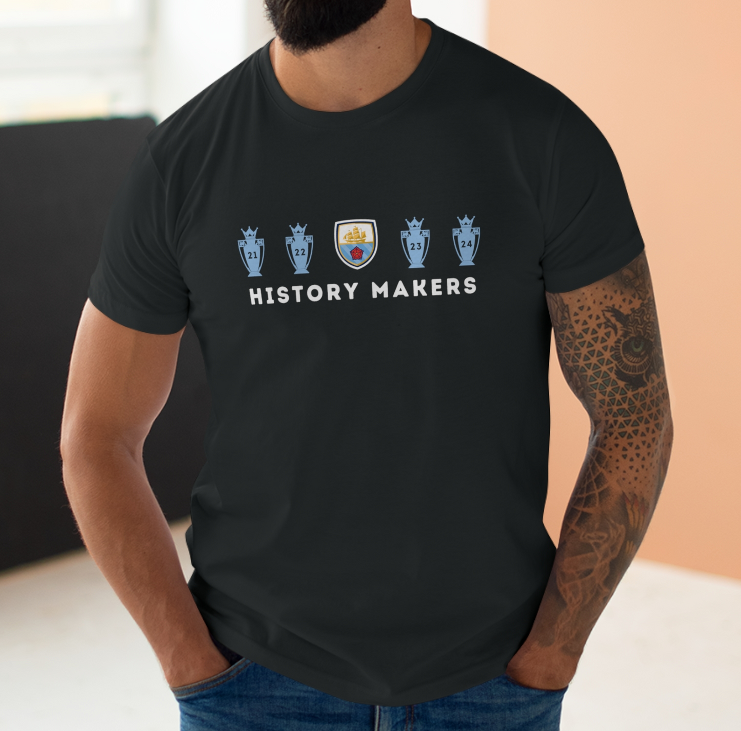 Man City - History Makers - 4 in a Row - Mens Crew Neck T-Shirt