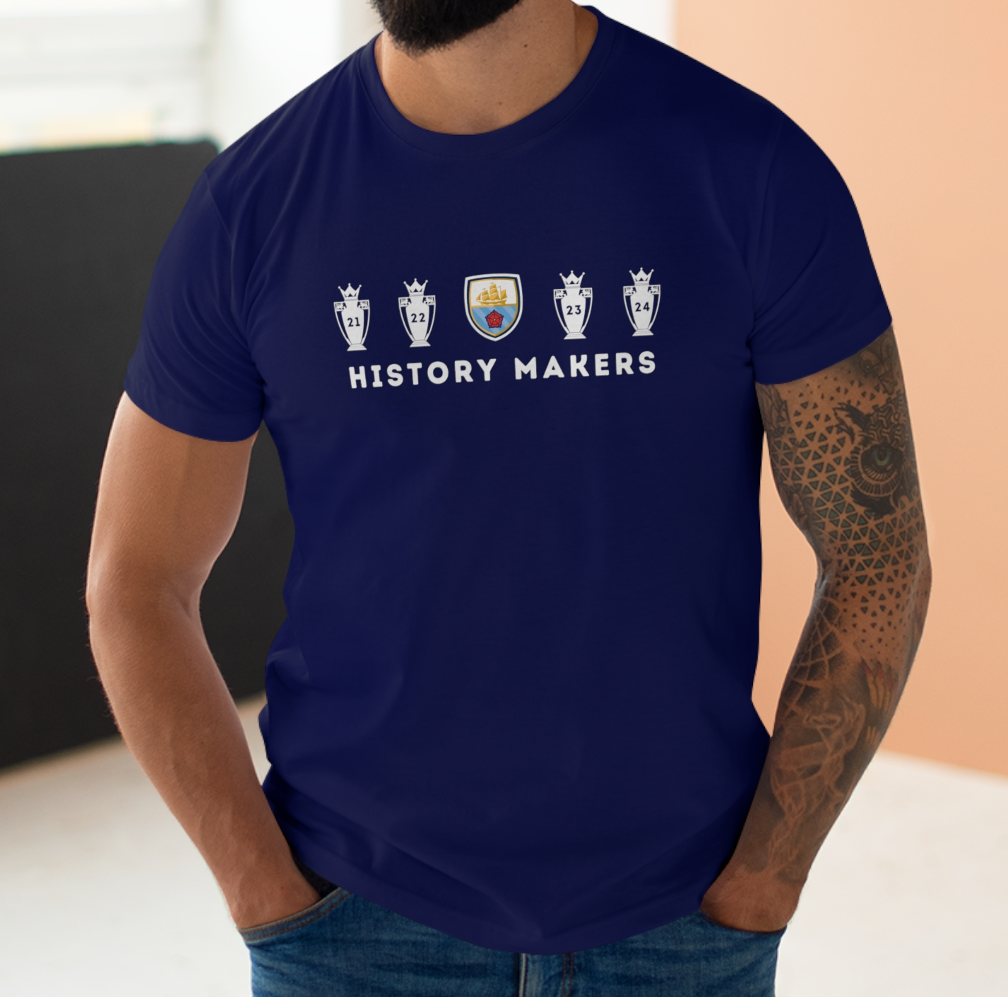 Man City - History Makers - 4 in a Row - Mens Crew Neck T-Shirt
