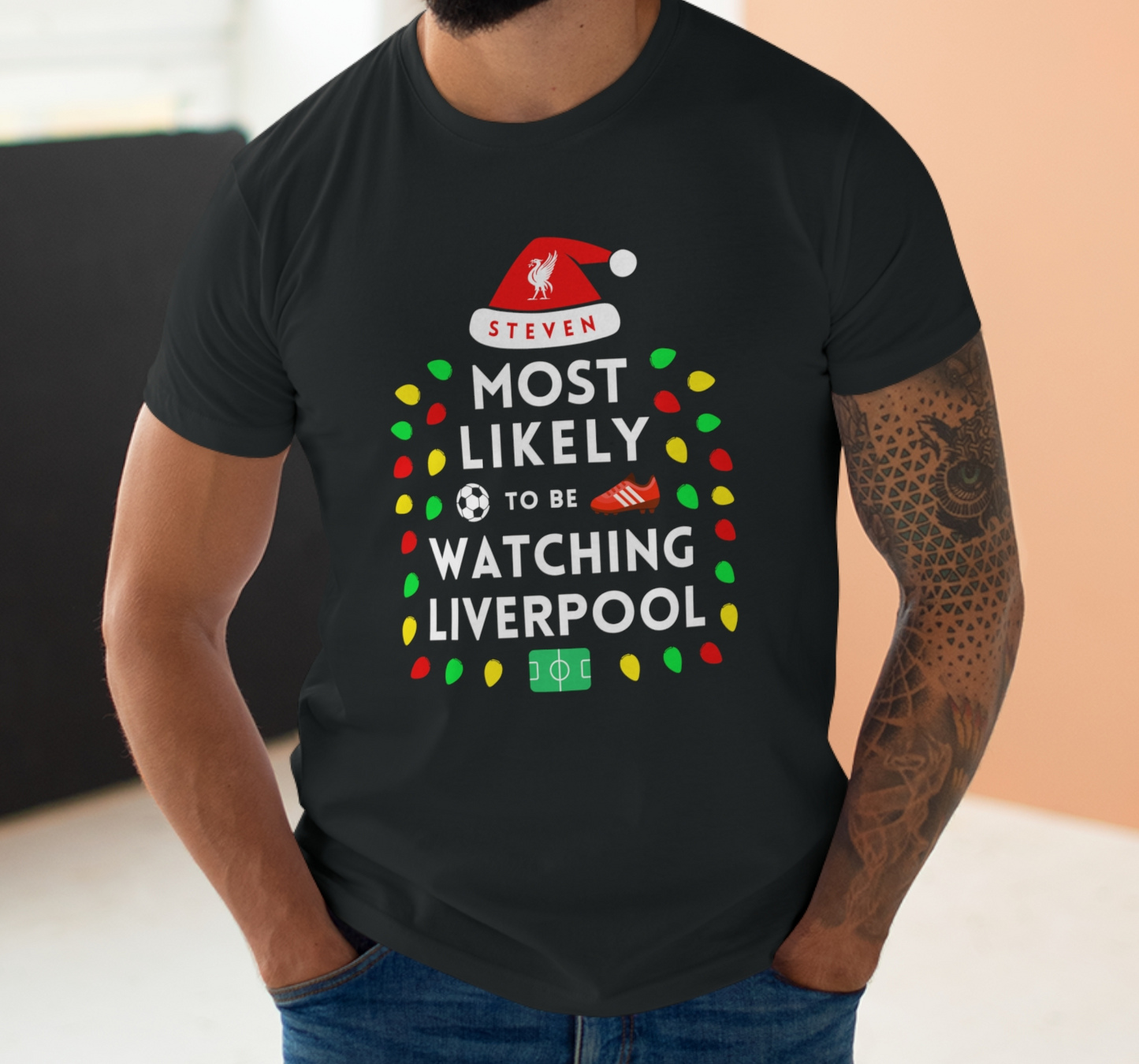 Most Likely To Be Watching Liverpool - Mens Personalised Crew Neck Christmas T-Shirt