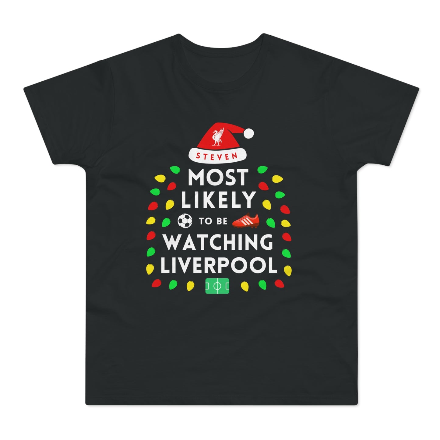 Most Likely To Be Watching Liverpool - Mens Personalised Crew Neck Christmas T-Shirt