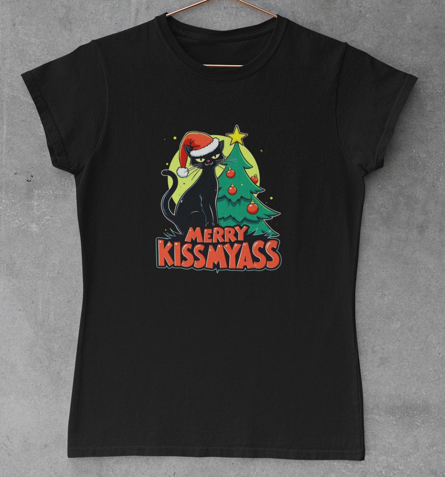Merry Kiss My Ass Novelty Christmas T-Shirt For Cat Lovers