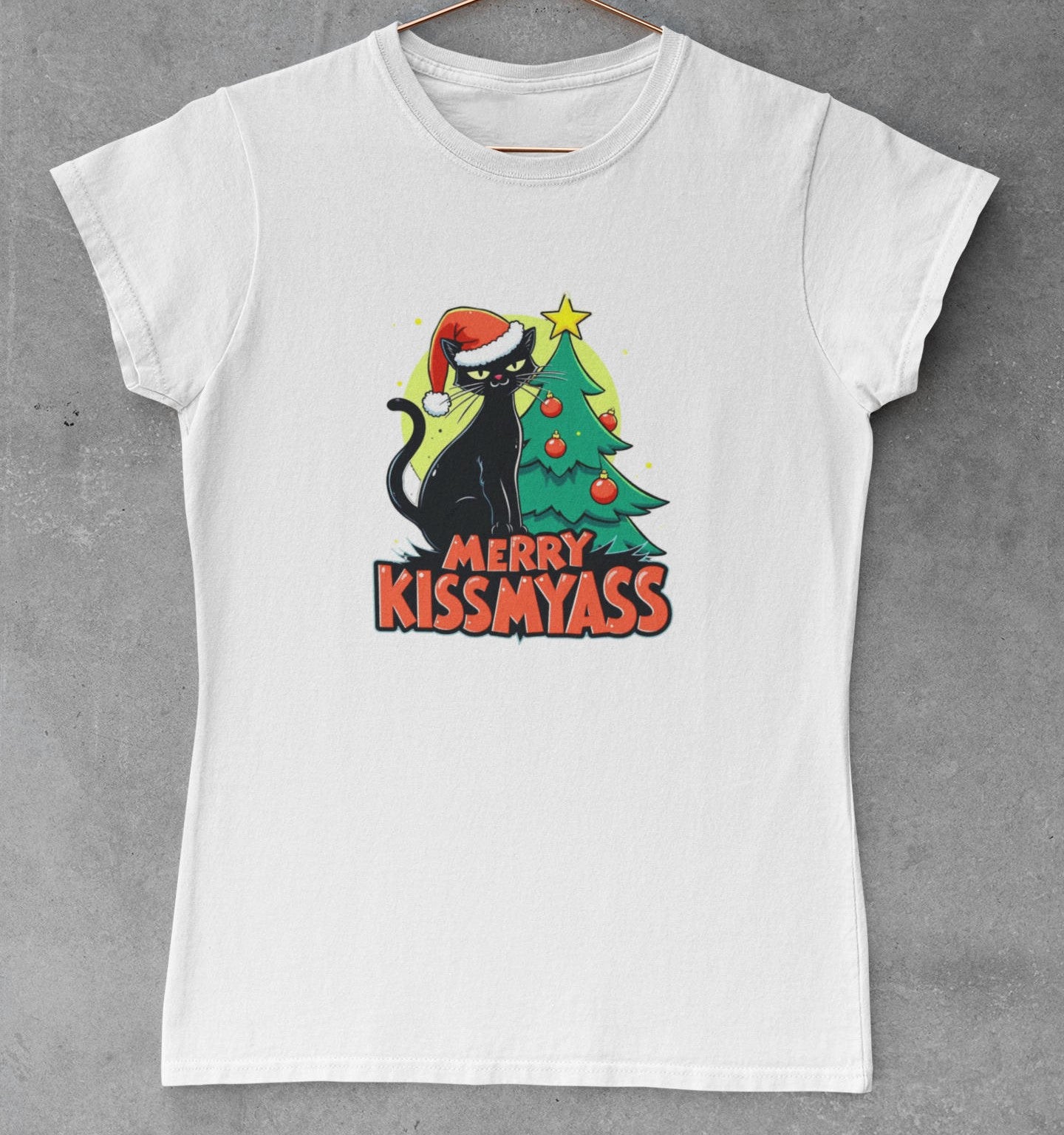 Merry Kiss My Ass Novelty Christmas T-Shirt For Cat Lovers