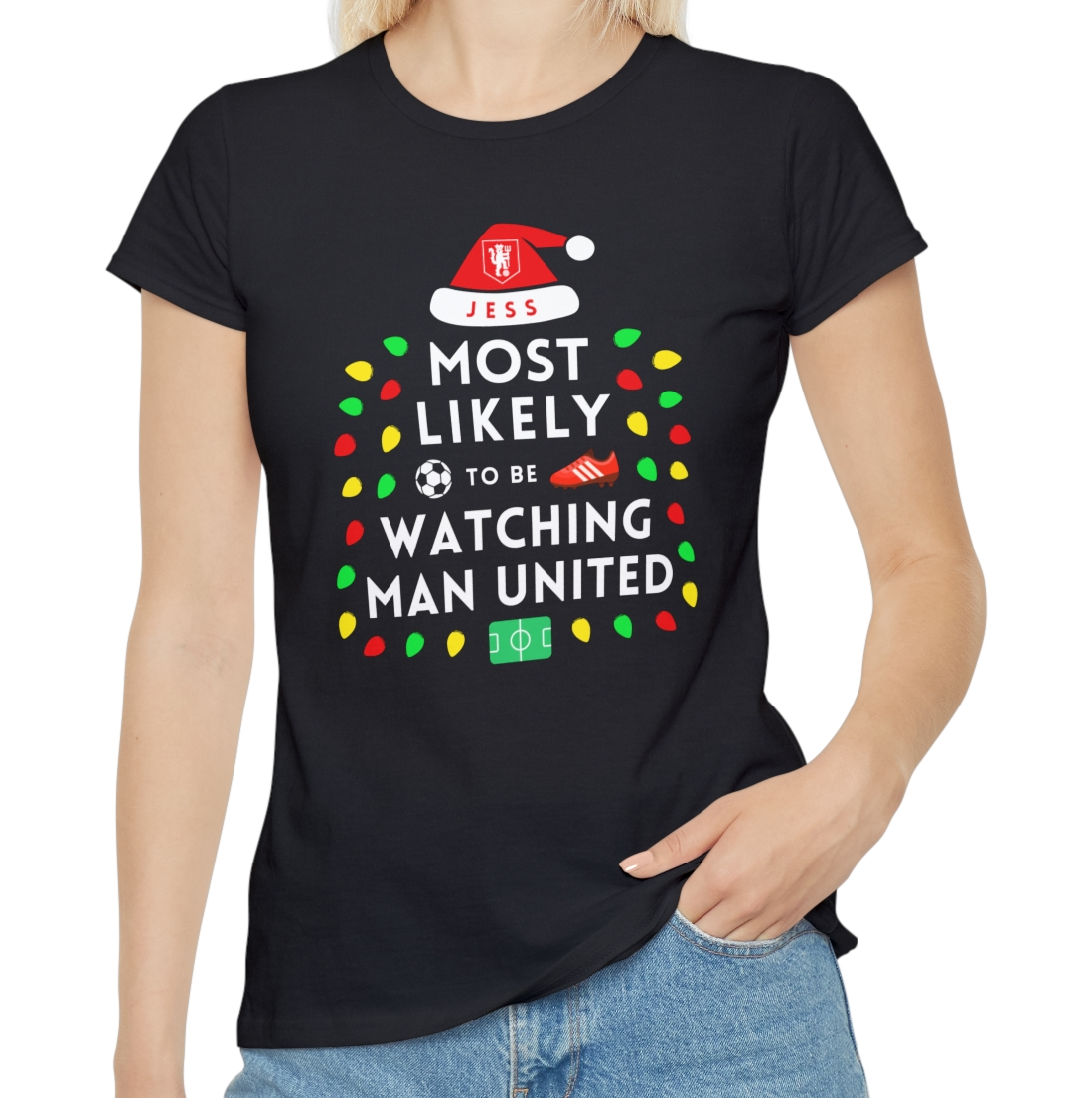 Most Likely To Be Watching Man United Ladies Personalised Christmas T-Shirt