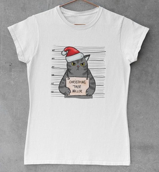 Christmas Tree Killer Funny Novelty Christmas T-Shirt For Cat Lovers
