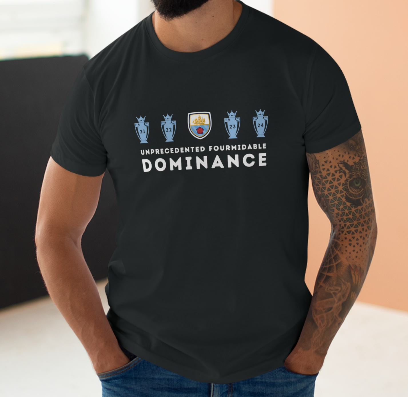 Man City - Unprecedented Fourmidable Dominance - 4 in a Row - Mens Crew Neck T-Shirt