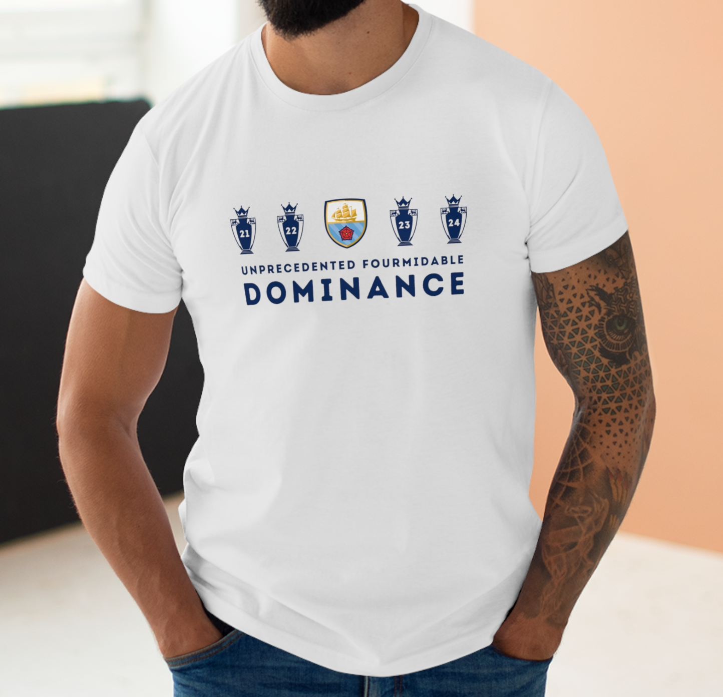 Man City - Unprecedented Fourmidable Dominance - 4 in a Row - Mens Crew Neck T-Shirt
