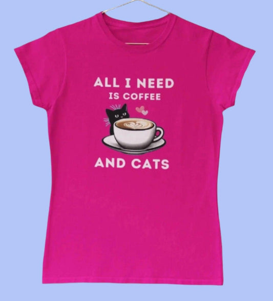 Cats and Coffee Ladies Fuchsia T-Shirt