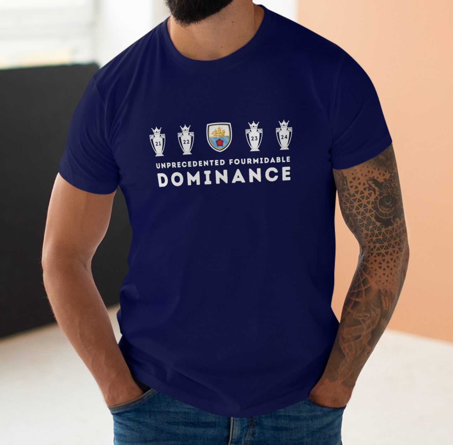 Man City - Unprecedented Fourmidable Dominance - 4 in a Row - Mens Crew Neck T-Shirt