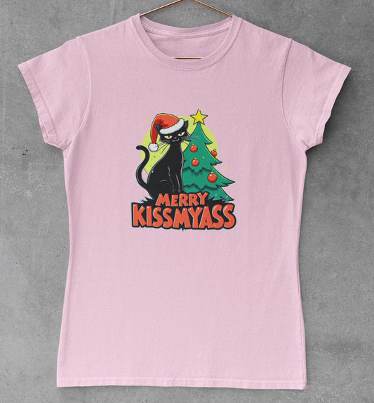 Merry Kiss My Ass Novelty Christmas T-Shirt For Cat Lovers